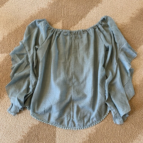 New Off the Shoulder Blue Ruffle Hem Top - Picture 6 of 7